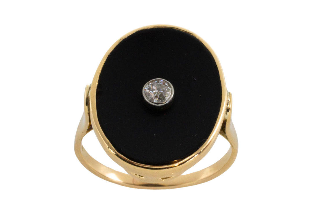 Onyx and old cut diamond ring in 14 carat gold-Vintage Rings-The Antique Ring Shop