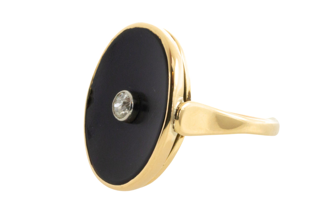 Onyx and old cut diamond ring in 14 carat gold-Vintage Rings-The Antique Ring Shop