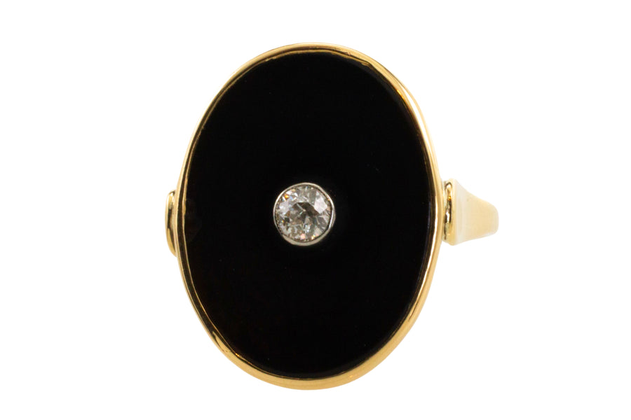 Onyx and old cut diamond ring in 14 carat gold-Vintage Rings-The Antique Ring Shop