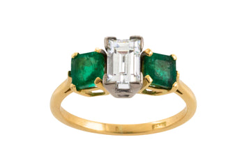 Baguett diamond and emerald ring in 18 carat gold-engagement rings-The Antique Ring Shop