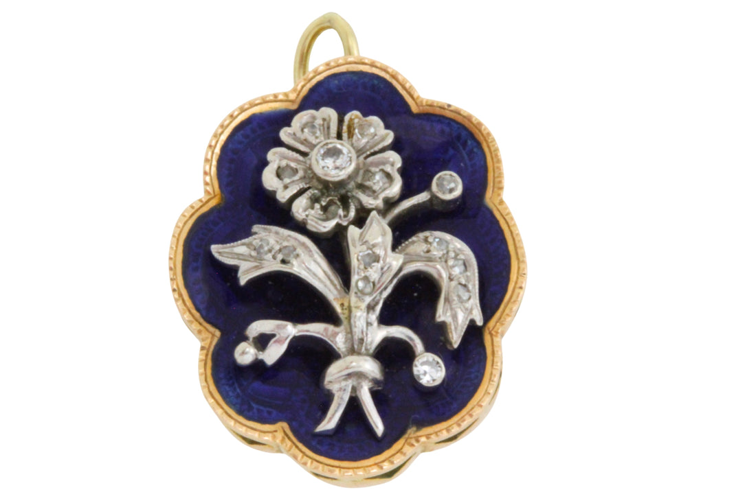 Blue enamel pendant with diamond in silver and gold-Pendants-The Antique Ring Shop