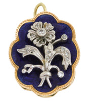 Blue enamel pendant with diamond in silver and gold-Pendants-The Antique Ring Shop