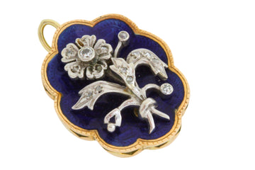Blue enamel pendant with diamond in silver and gold-Pendants-The Antique Ring Shop