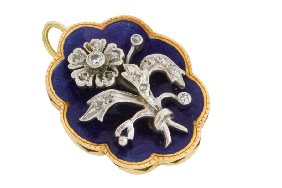 Blue enamel pendant with diamond in silver and gold-Pendants-The Antique Ring Shop