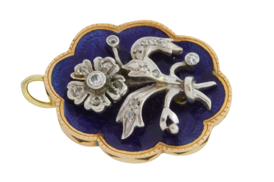 Blue enamel pendant with diamond in silver and gold-Pendants-The Antique Ring Shop