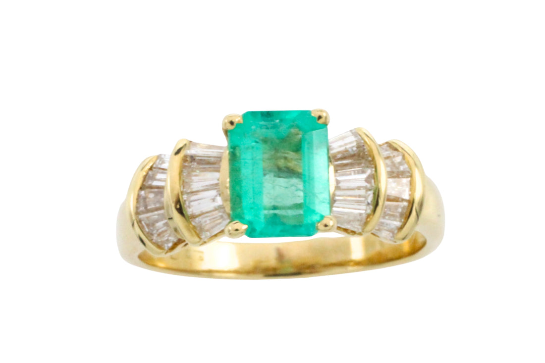 Emerald and baguette cut diamond ring in 18 carat gold-engagement rings-The Antique Ring Shop