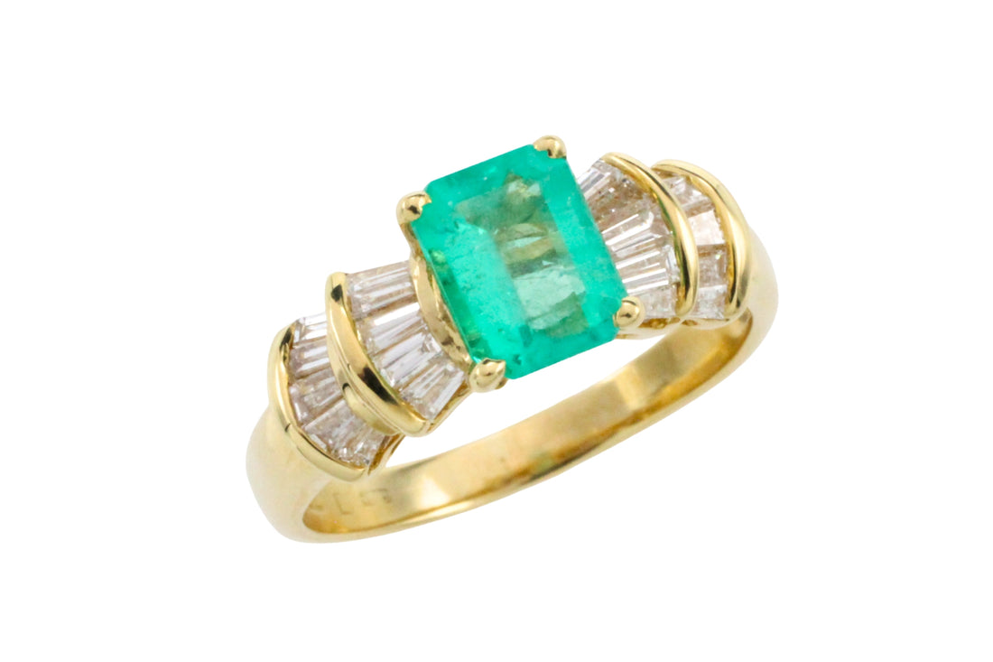 Emerald and baguette cut diamond ring in 18 carat gold-engagement rings-The Antique Ring Shop