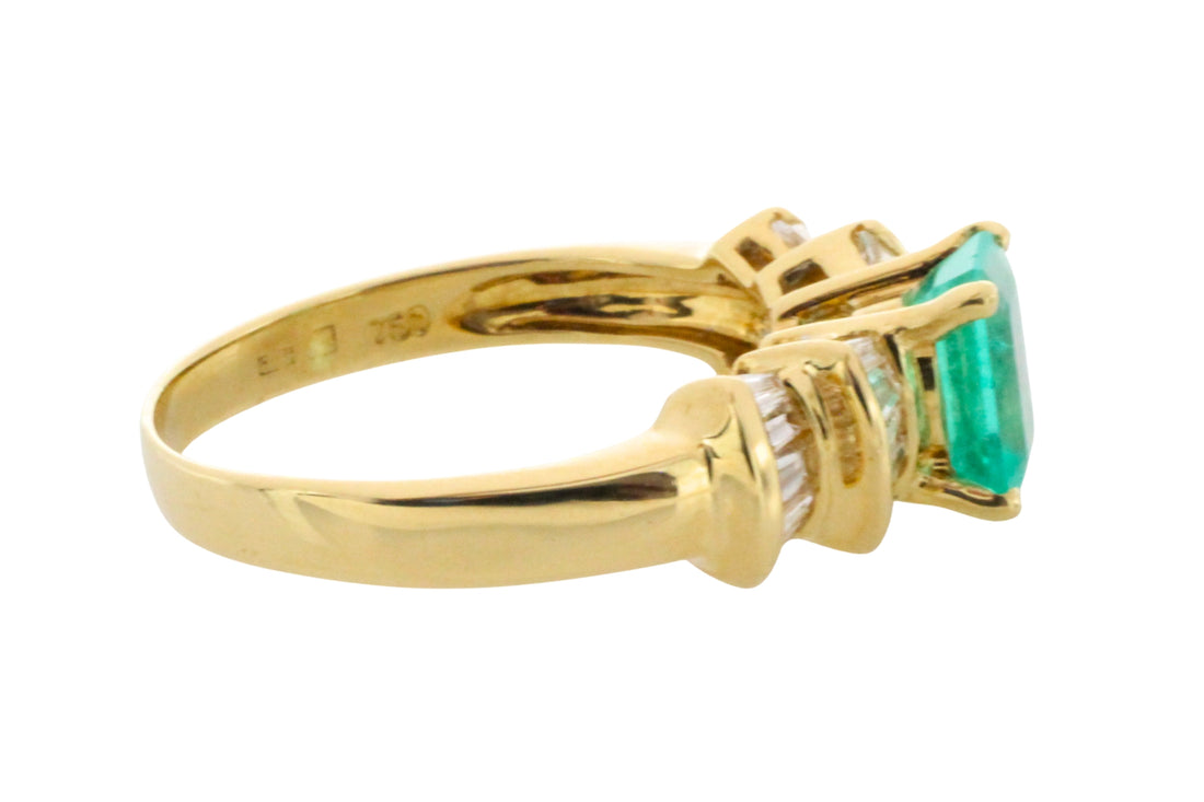 Emerald and baguette cut diamond ring in 18 carat gold-engagement rings-The Antique Ring Shop