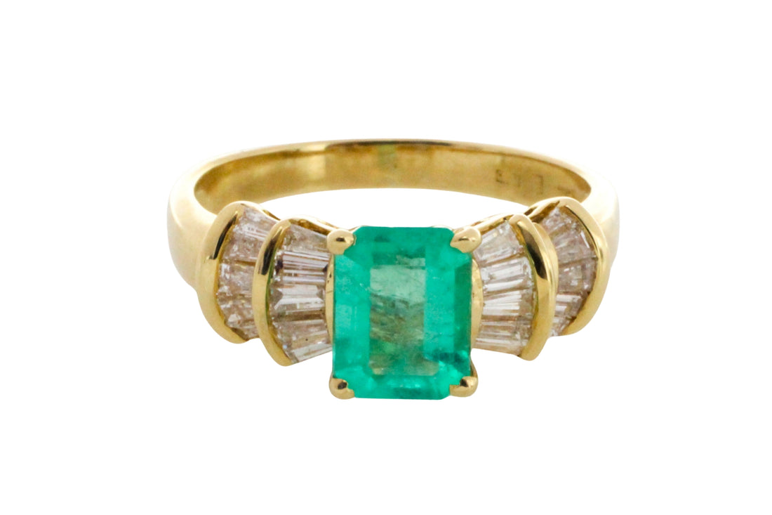 Emerald and baguette cut diamond ring in 18 carat gold-engagement rings-The Antique Ring Shop