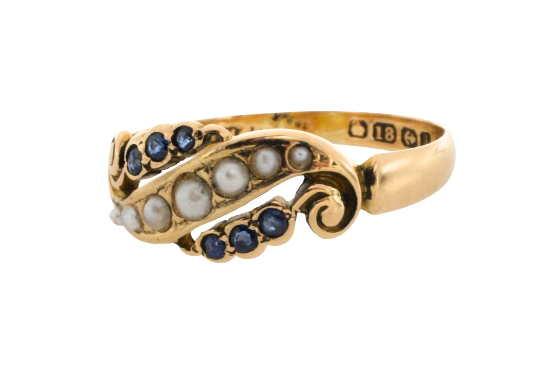 Edwardian sapphire and pearl ring from 1908