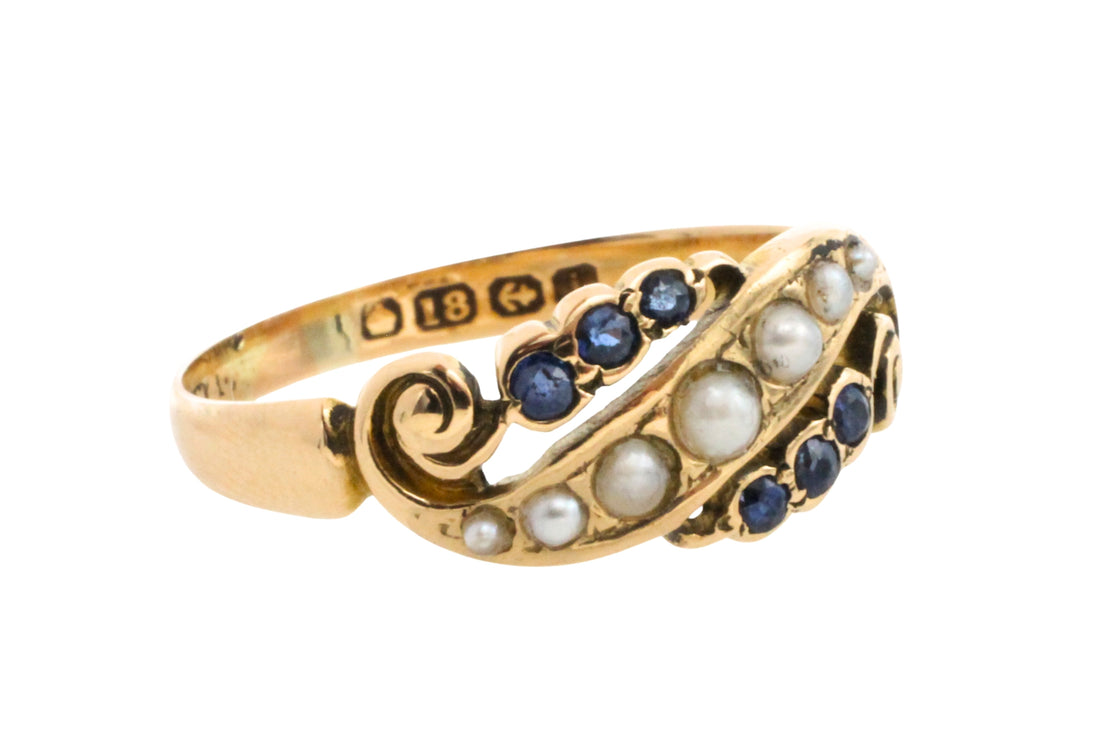 Edwardian sapphire and pearl ring from 1908