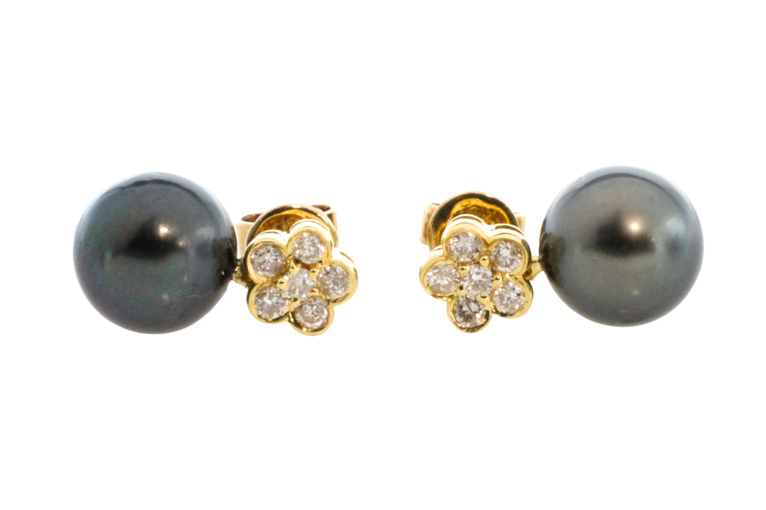 Diamond and grey pearl earrings-Earrings-The Antique Ring Shop