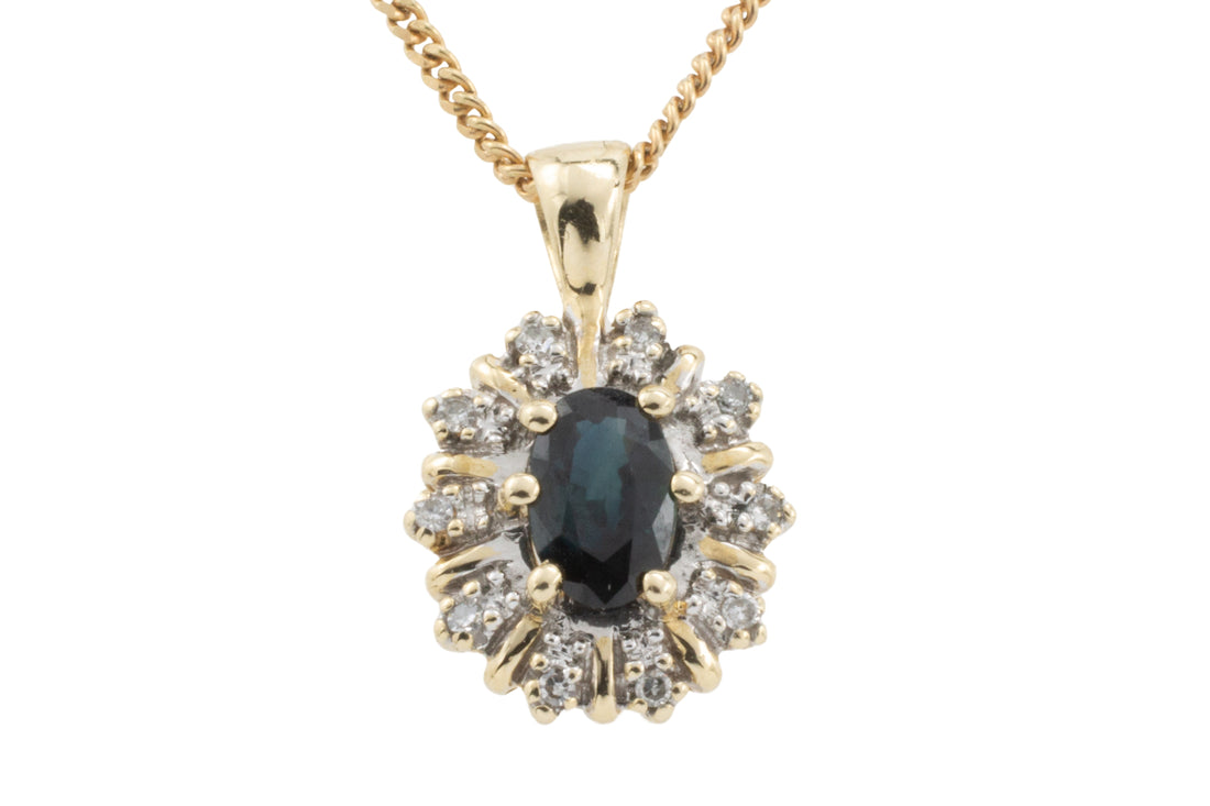 Sapphire and diamond pendant in 14 carat gold-Pendants-The Antique Ring Shop