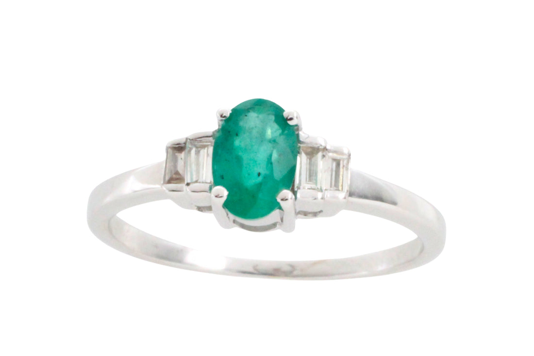 Emerald and diamond ring in white gold-engagement rings-The Antique Ring Shop
