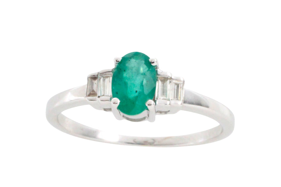 Emerald and diamond ring in white gold-engagement rings-The Antique Ring Shop