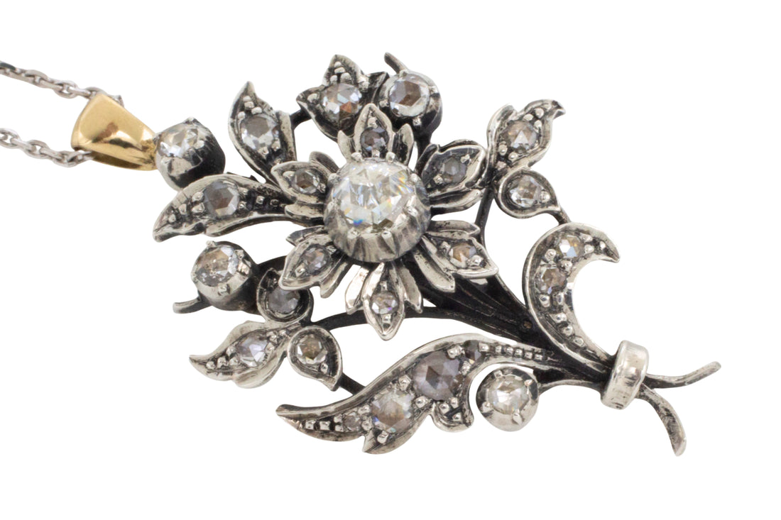 Rose diamond flower pendant in silver and gold-Pendants-The Antique Ring Shop