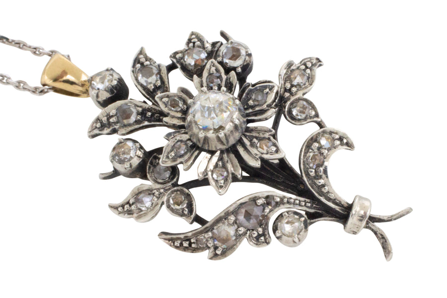 Rose diamond flower pendant in silver and gold-Pendants-The Antique Ring Shop