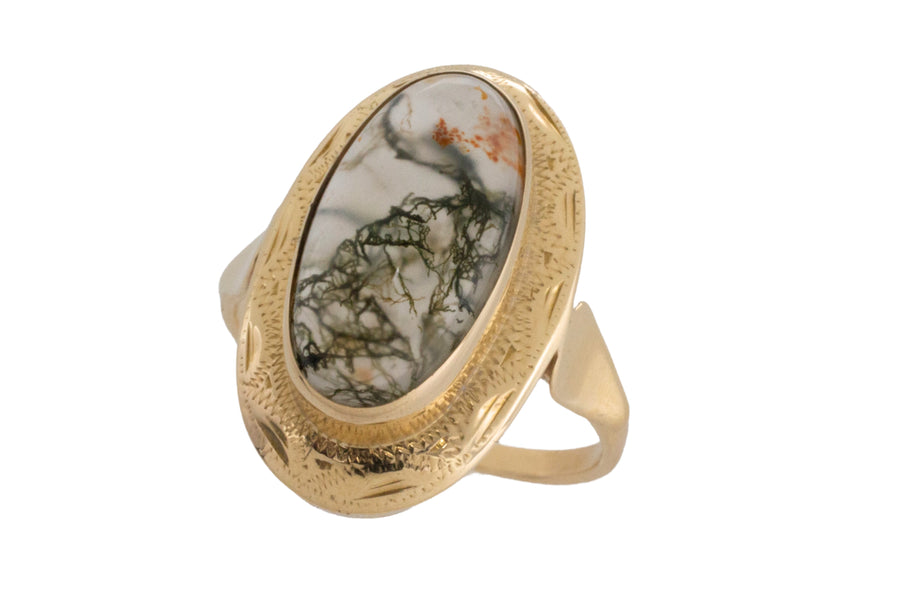 Vinatge cabochon moss agate ring in 14 carat gold-Vintage Rings-The Antique Ring Shop