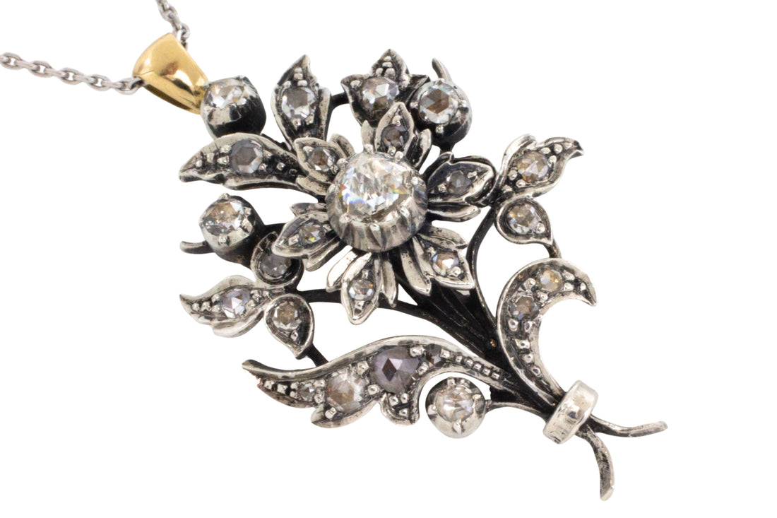 Rose diamond flower pendant in silver and gold-Pendants-The Antique Ring Shop