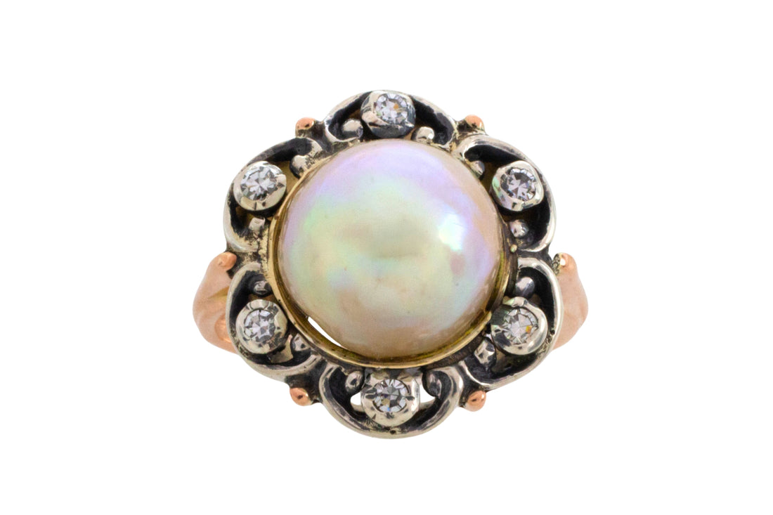 Pearl and single cut diamond ring in silver and gold-Antique rings-The Antique Ring Shop