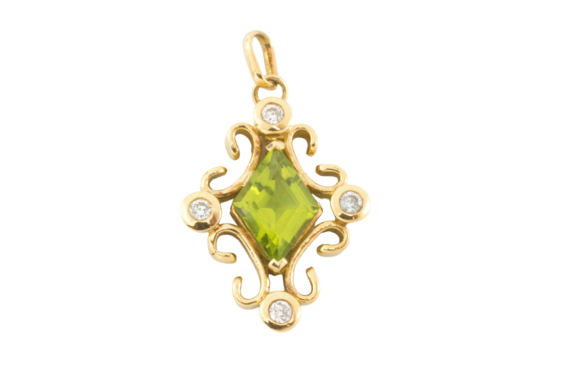 Peridot and diamond pendant in 18 carat gold-Pendants-The Antique Ring Shop