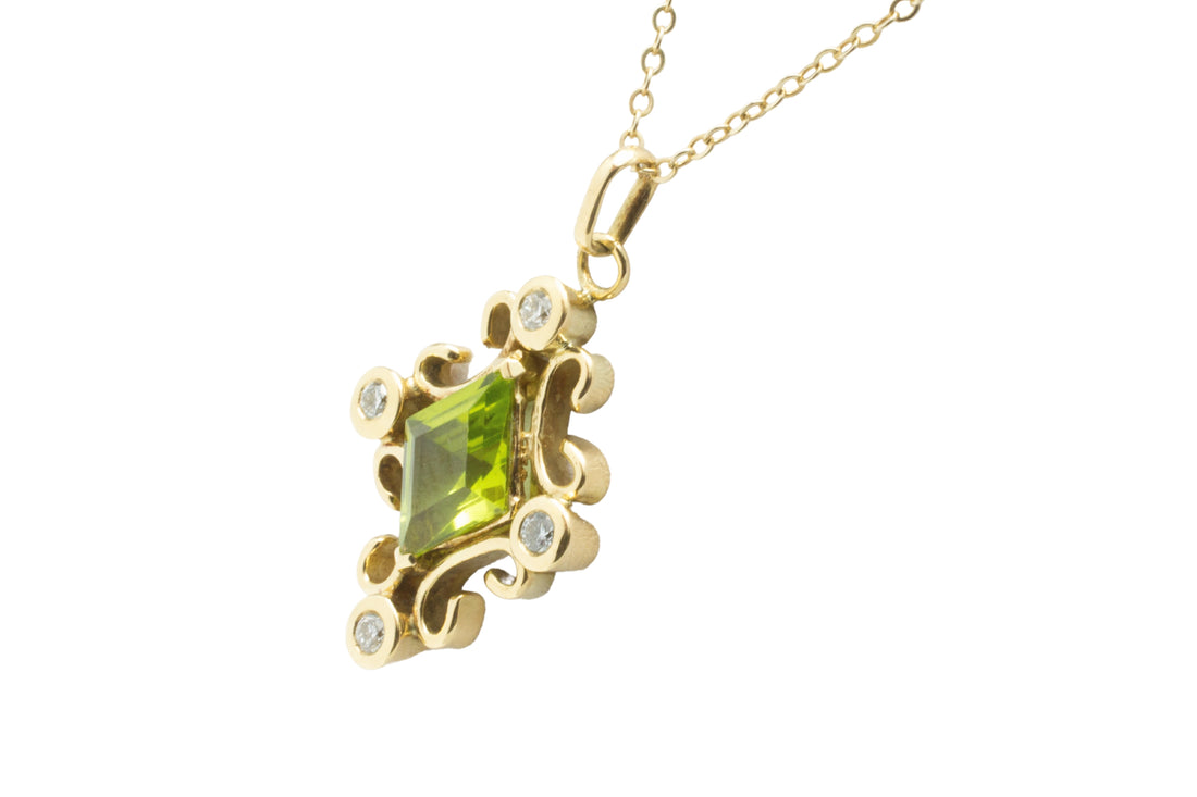 Peridot and diamond pendant in 18 carat gold-Pendants-The Antique Ring Shop