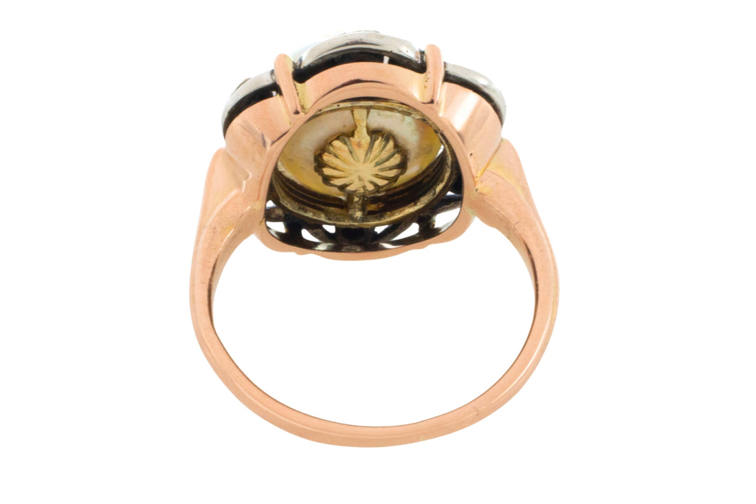 Pearl and single cut diamond ring in silver and gold-Antique rings-The Antique Ring Shop