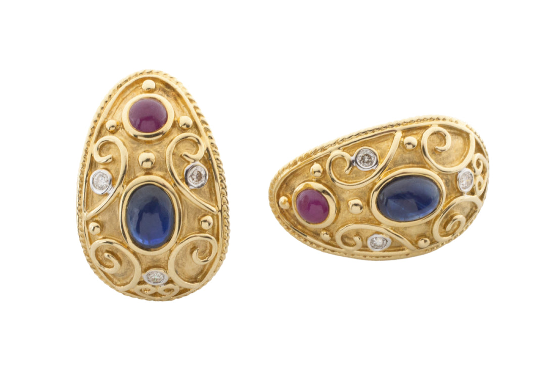 Sapphire, ruby and diamond ear clips in 18 carat gold-Earrings-The Antique Ring Shop