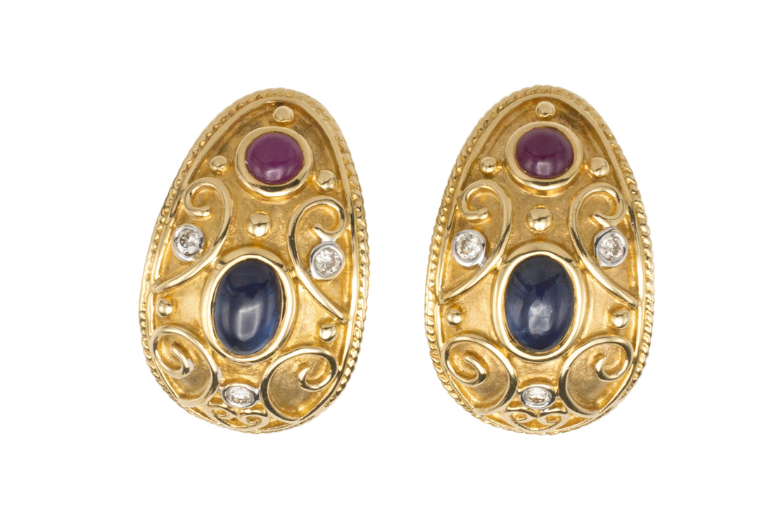 Sapphire, ruby and diamond ear clips in 18 carat gold-Earrings-The Antique Ring Shop