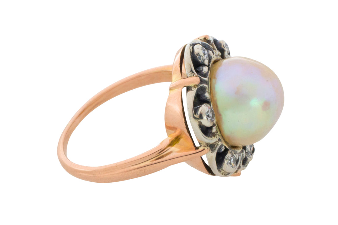 Pearl and single cut diamond ring in silver and gold-Antique rings-The Antique Ring Shop