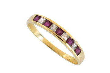 Ruby and princess cut diamond ring in 18 carat gold-vintage rings-The Antique Ring Shop