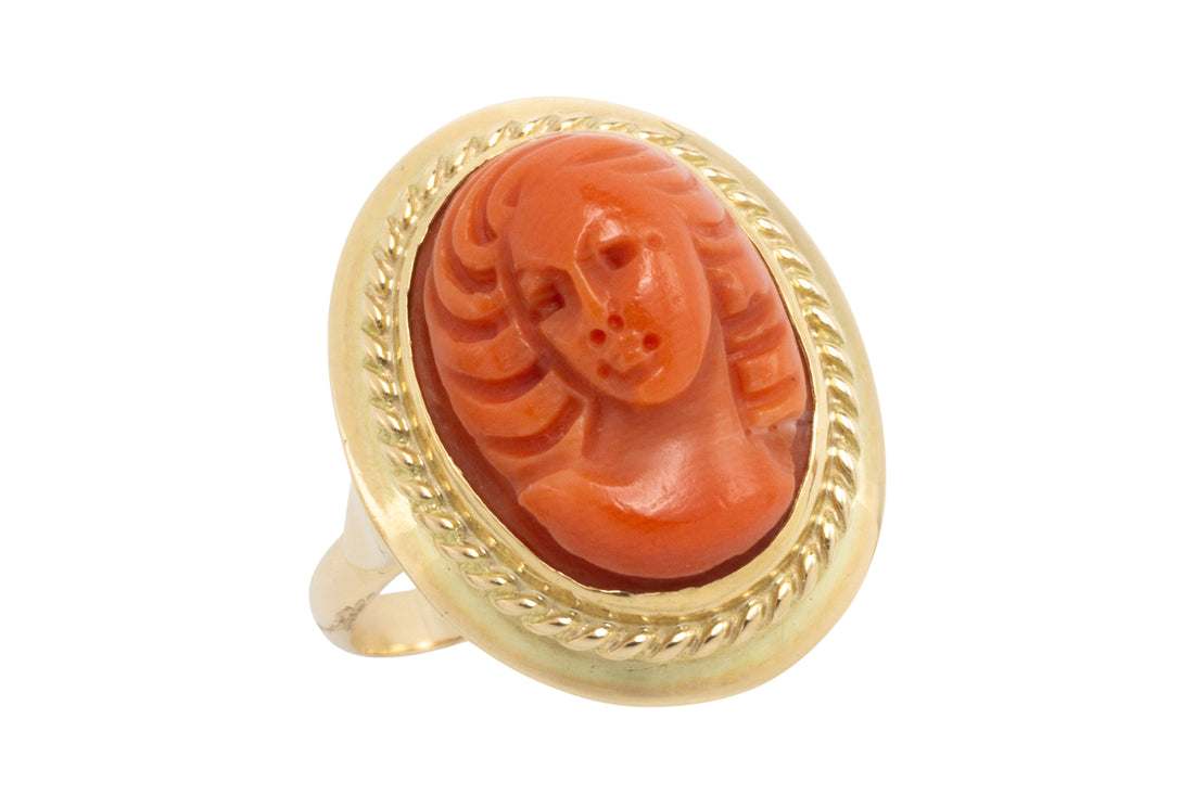 Coral cameo ring in 14 carat gold-vintage rings-The Antique Ring Shop