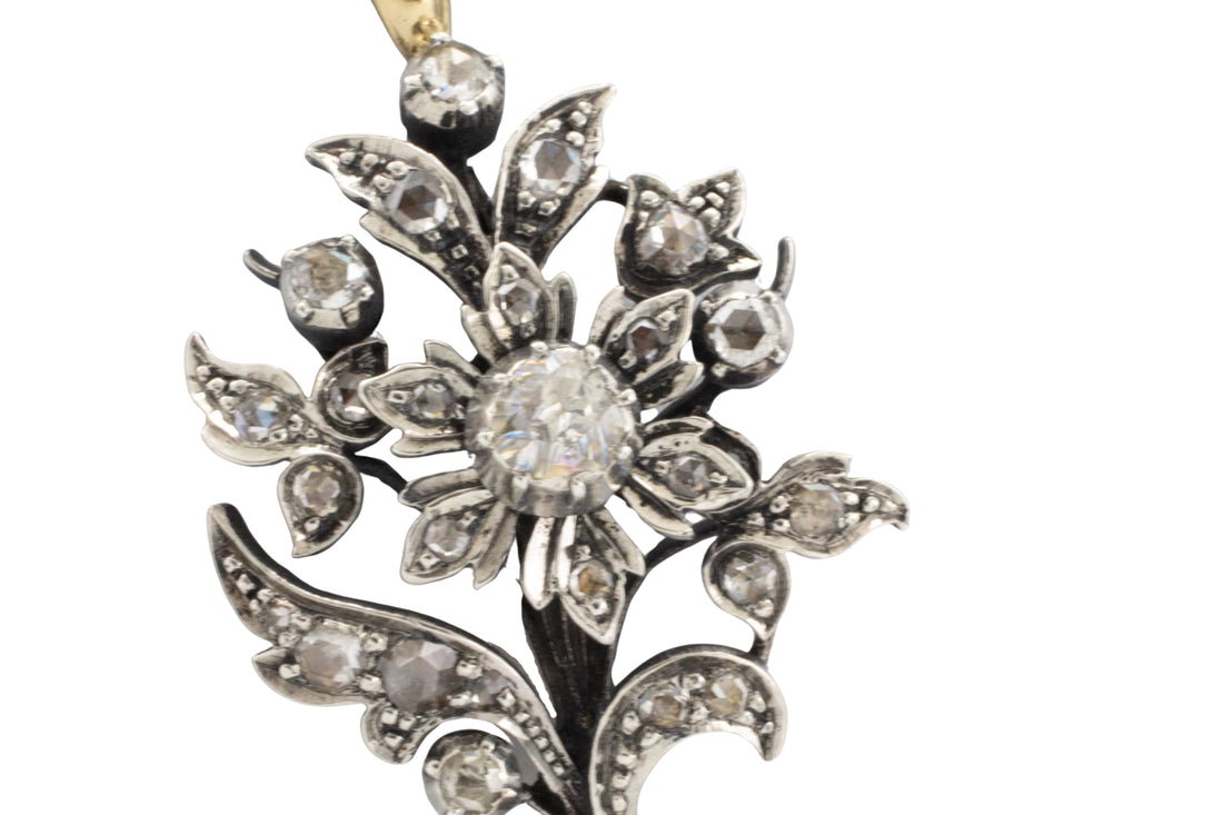 Rose diamond flower pendant in silver and gold-Pendants-The Antique Ring Shop