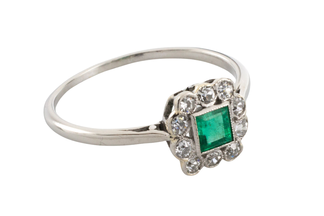 Art Deco platinum ring with emerald and diamonds-engagement rings-The Antique Ring Shop