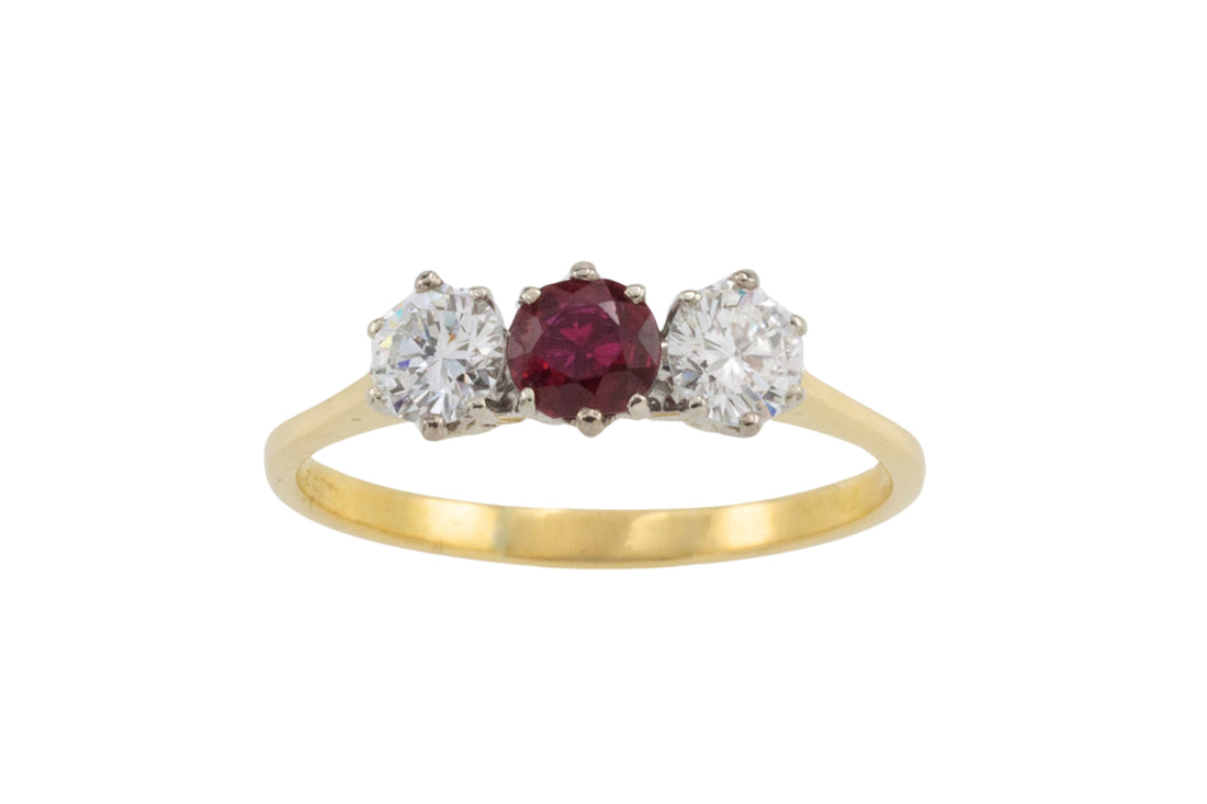 Vintage three stone ruby and diamond ring-engagement rings-The Antique Ring Shop
