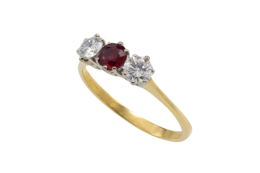 Vintage three stone ruby and diamond ring-engagement rings-The Antique Ring Shop
