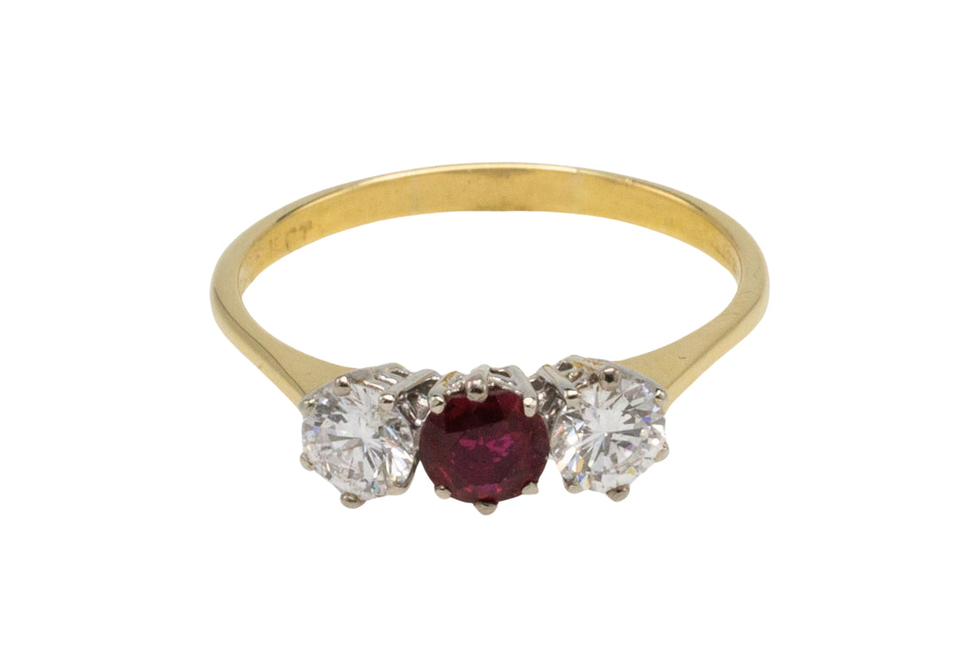 Vintage three stone ruby and diamond ring-engagement rings-The Antique Ring Shop
