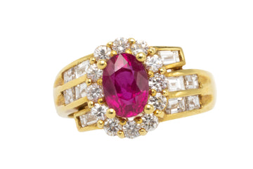 Ruby ring with baguette and brilliant cut diamonds-engagement rings-The Antique Ring Shop