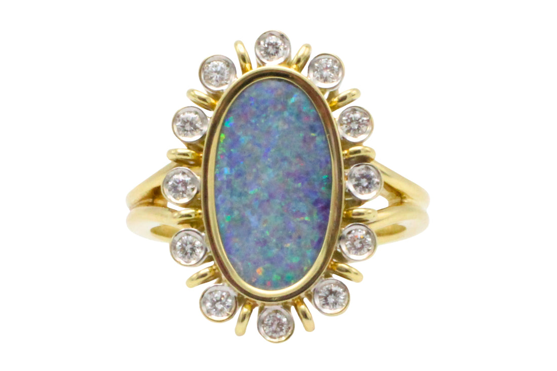 Opal doublet ring with diamonds-Vintage Rings-The Antique Ring Shop