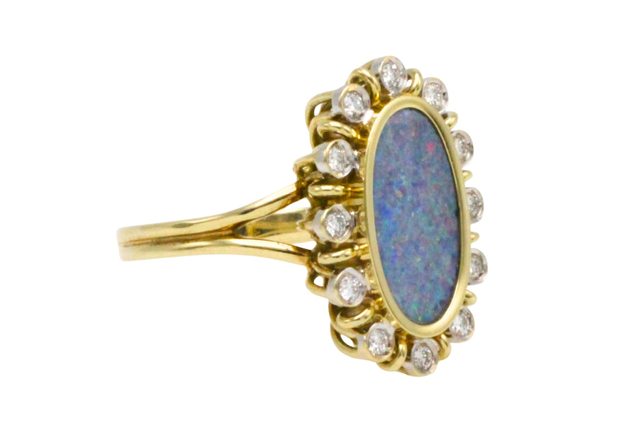 Opal doublet ring with diamonds-Vintage Rings-The Antique Ring Shop