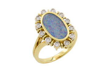 Opal doublet ring with diamonds-Vintage Rings-The Antique Ring Shop