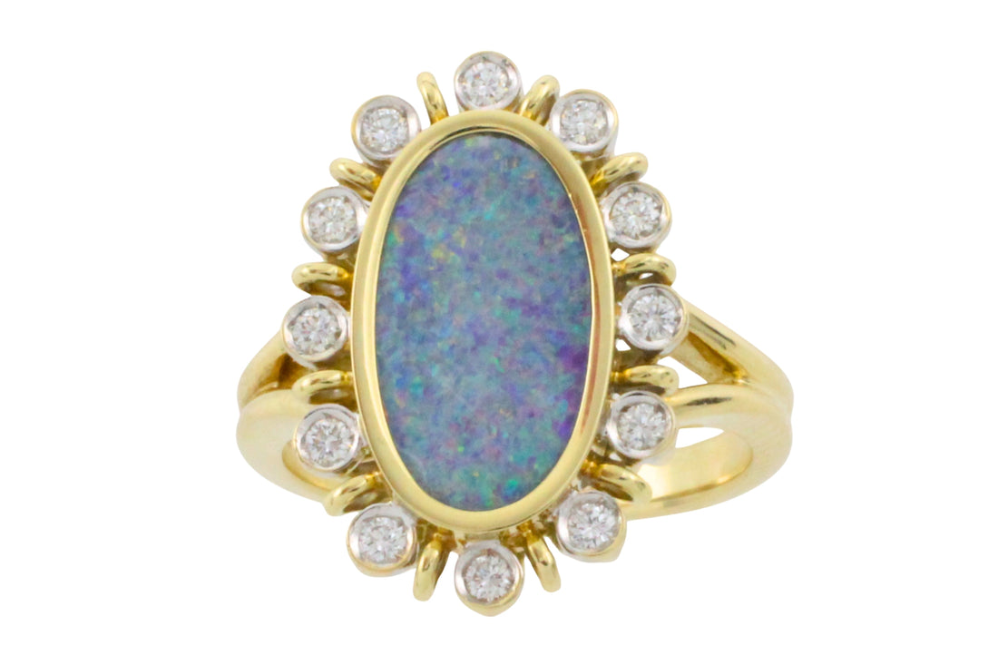 Opal doublet ring with diamonds-Vintage Rings-The Antique Ring Shop