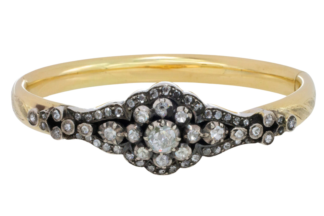 Vintage rose cut diamond bracelet in 14 carat gold and silver-Bracelets-The Antique Ring Shop