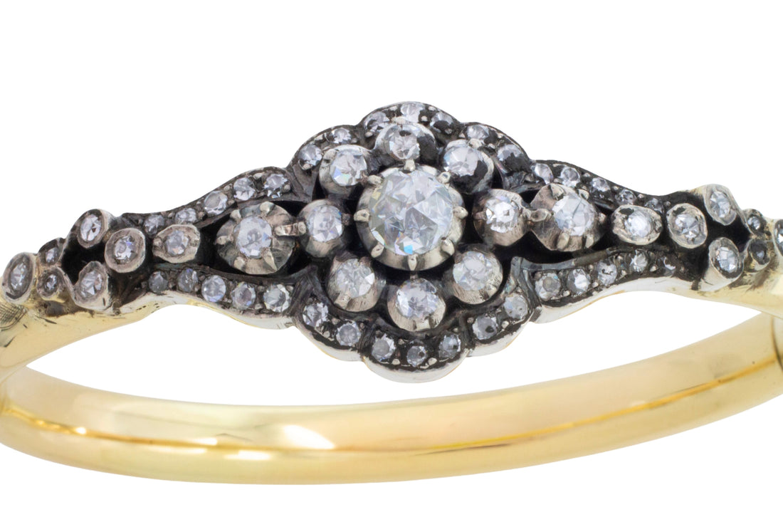 Vintage rose cut diamond bracelet in 14 carat gold and silver-Bracelets-The Antique Ring Shop