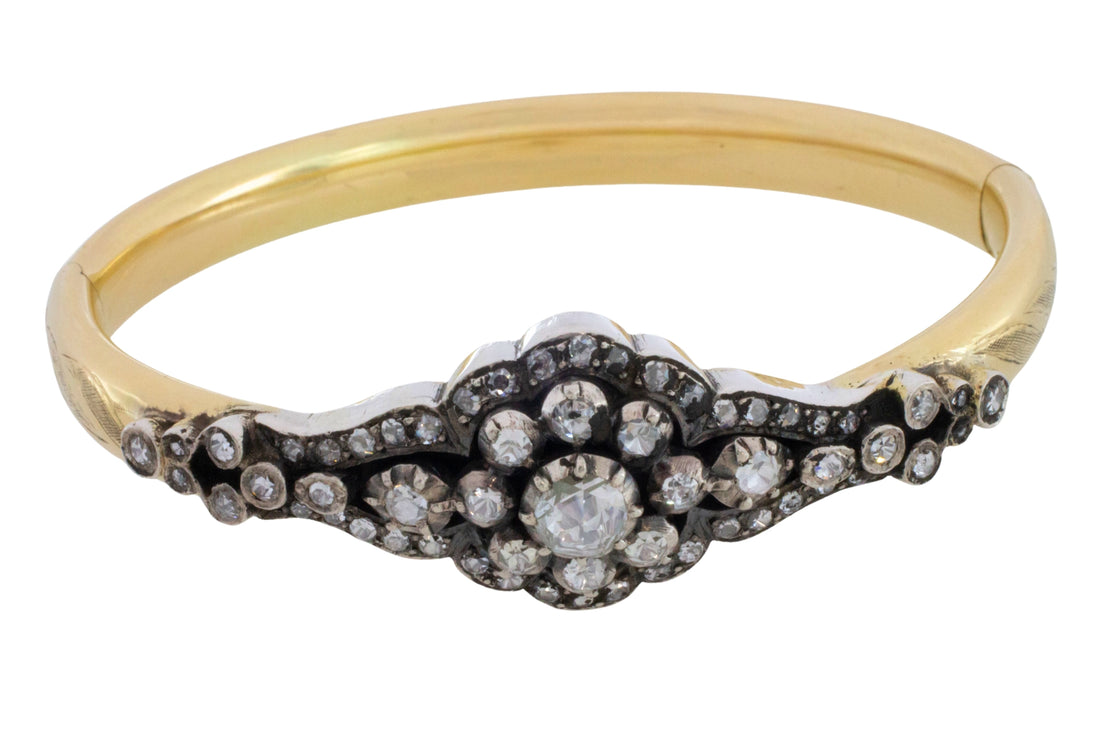 Vintage rose cut diamond bracelet in 14 carat gold and silver-Bracelets-The Antique Ring Shop