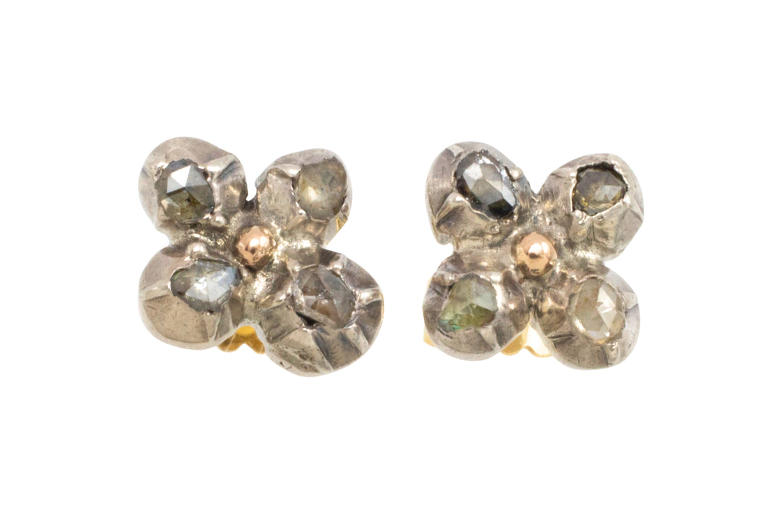 Rose diamond ear studs in silver and gold-Earrings-The Antique Ring Shop