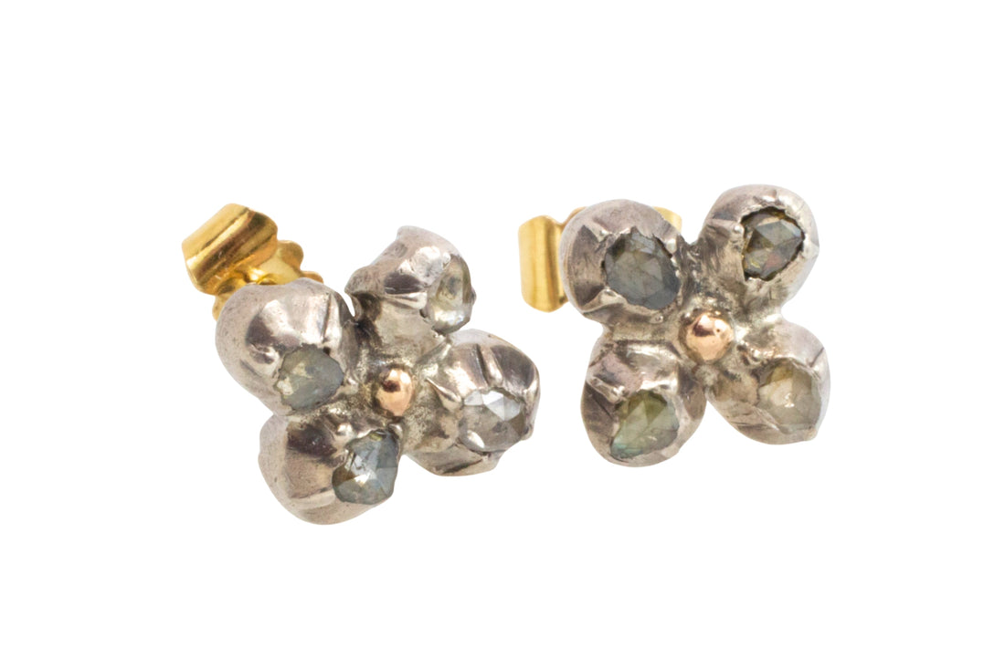 Rose diamond ear studs in silver and gold-Earrings-The Antique Ring Shop