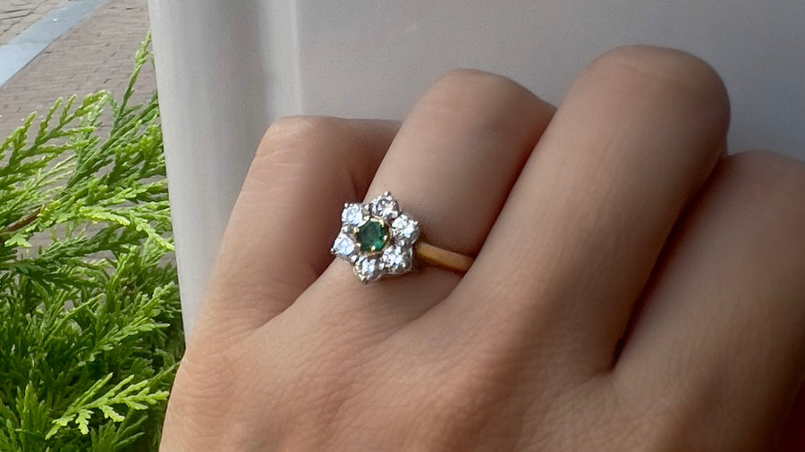 Emerald and diamond cluster ring in 18 carat gold-engagement rings-The Antique Ring Shop