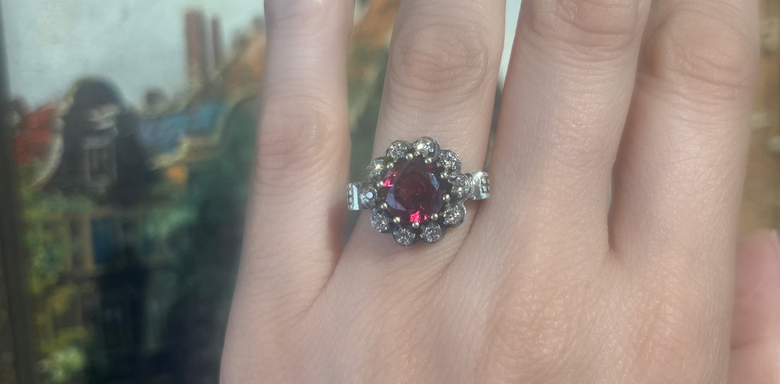 Rhodolite garnet and diamond cluster ring in silver and gold-vintage rings-The Antique Ring Shop