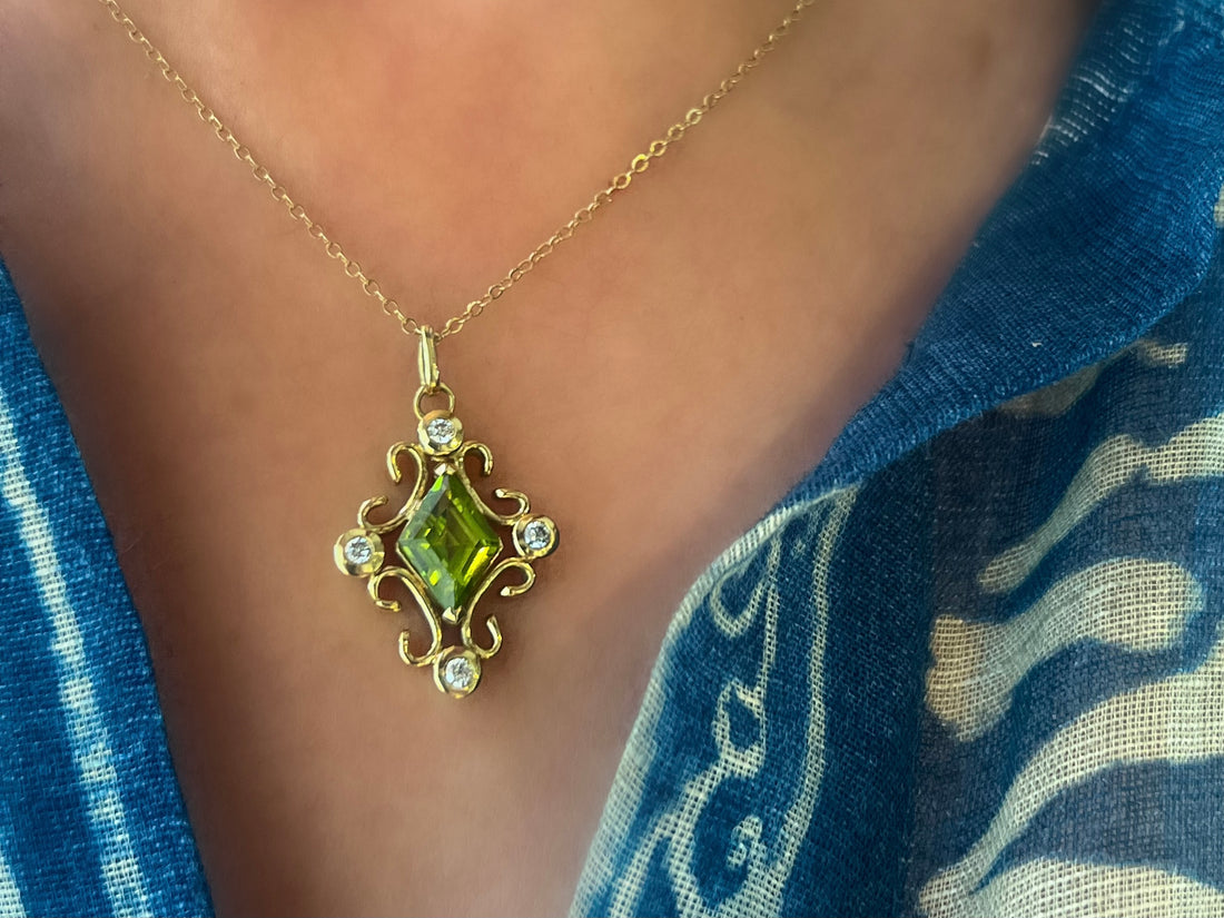 Peridot and diamond pendant in 18 carat gold-Pendants-The Antique Ring Shop